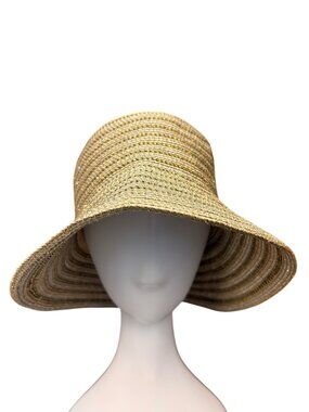 Eric Javits Womens Gold Wide Brim Sun Hat Lightweight Metallic Straw Blend